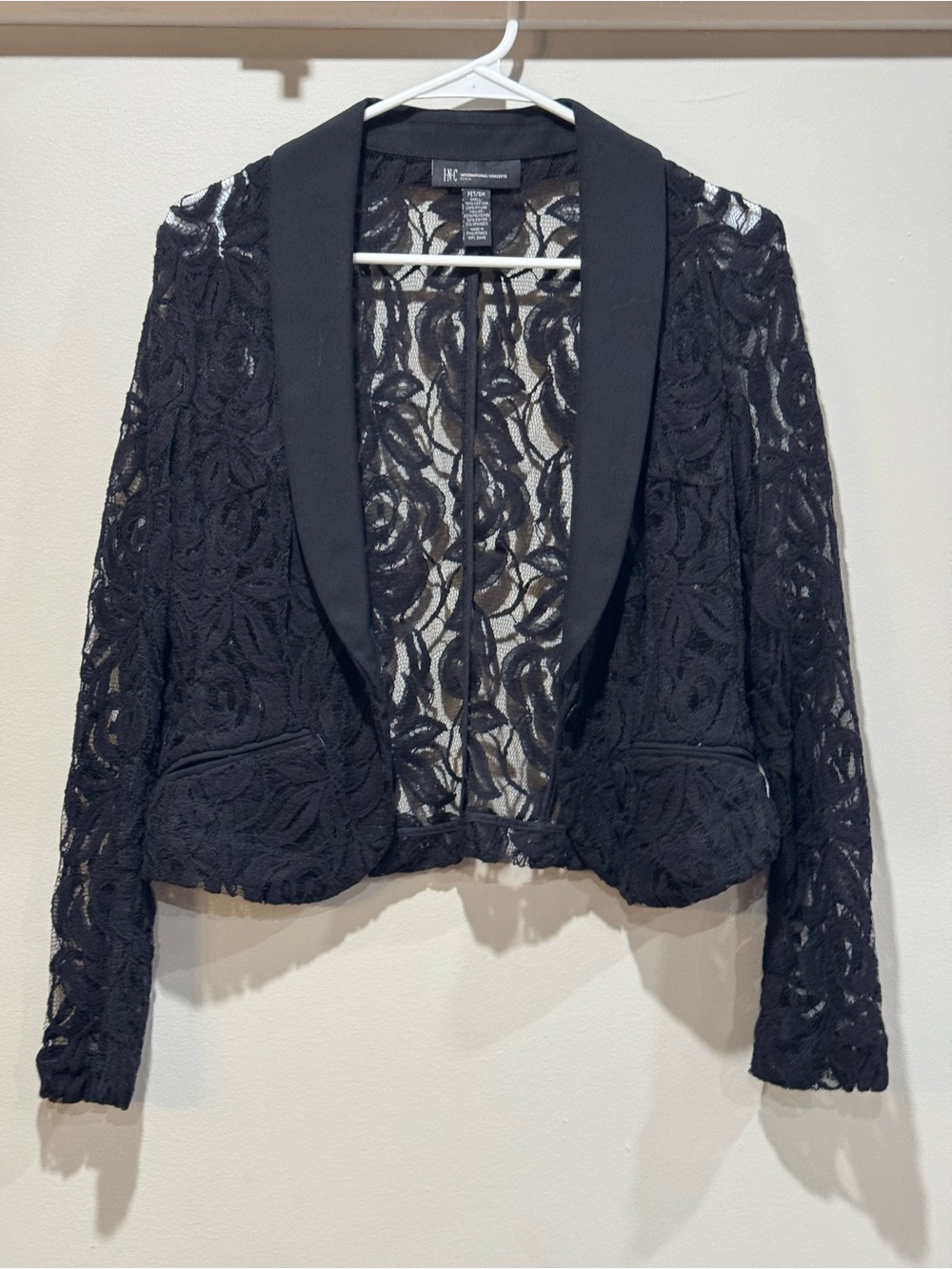 INC International Concepts Black Lace Open-Front Cropped Blazer with Satin Lapel